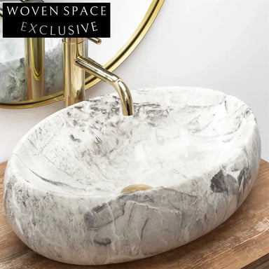 Sleek Rectangular Ceramic Vessel Sink with Modern Marble Face Design