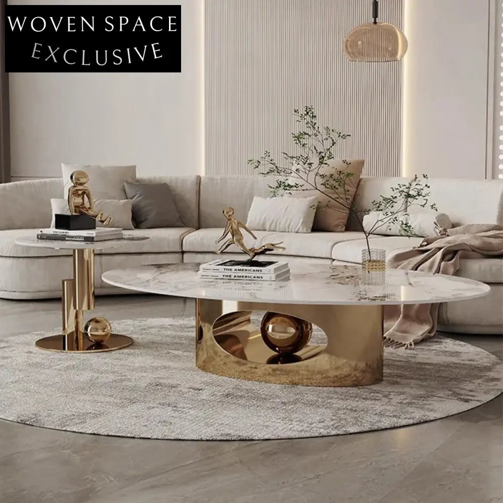 Sleek Sintered Rock Golden Metal Modern Leisure Small Coffee Table Set