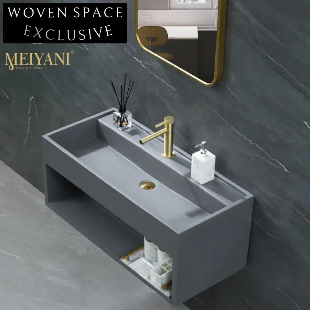 Sleek Wall-Hung Rectangle Console Bathroom Sink, Artificial Stone Vanity Basin