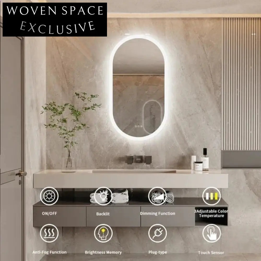Smart Oval LED Backlit Bathroom Mirror with Adjustable 3-Color Anti-Fog Function