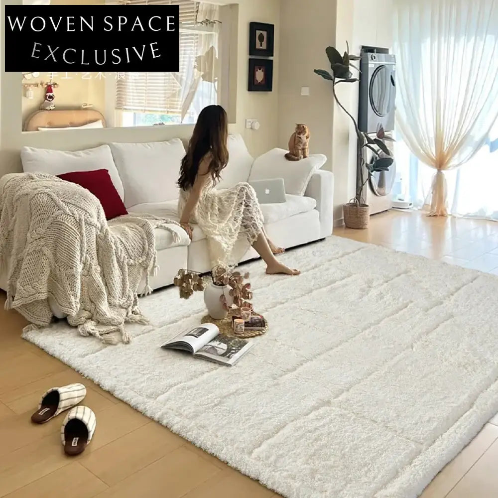 Soft Cream Minimalist Area Rug, Plush Long Hair for Living Room