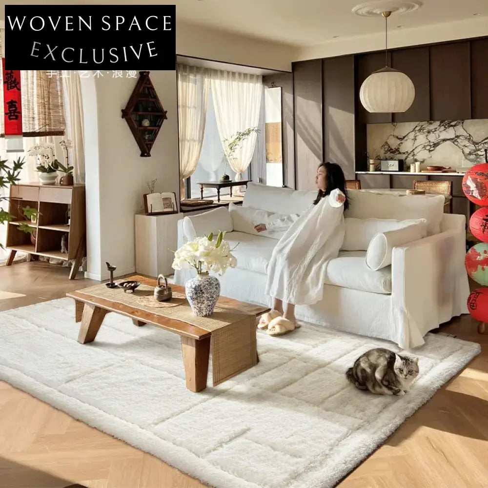 Soft Cream Minimalist Area Rug, Plush Long Hair for Living Room