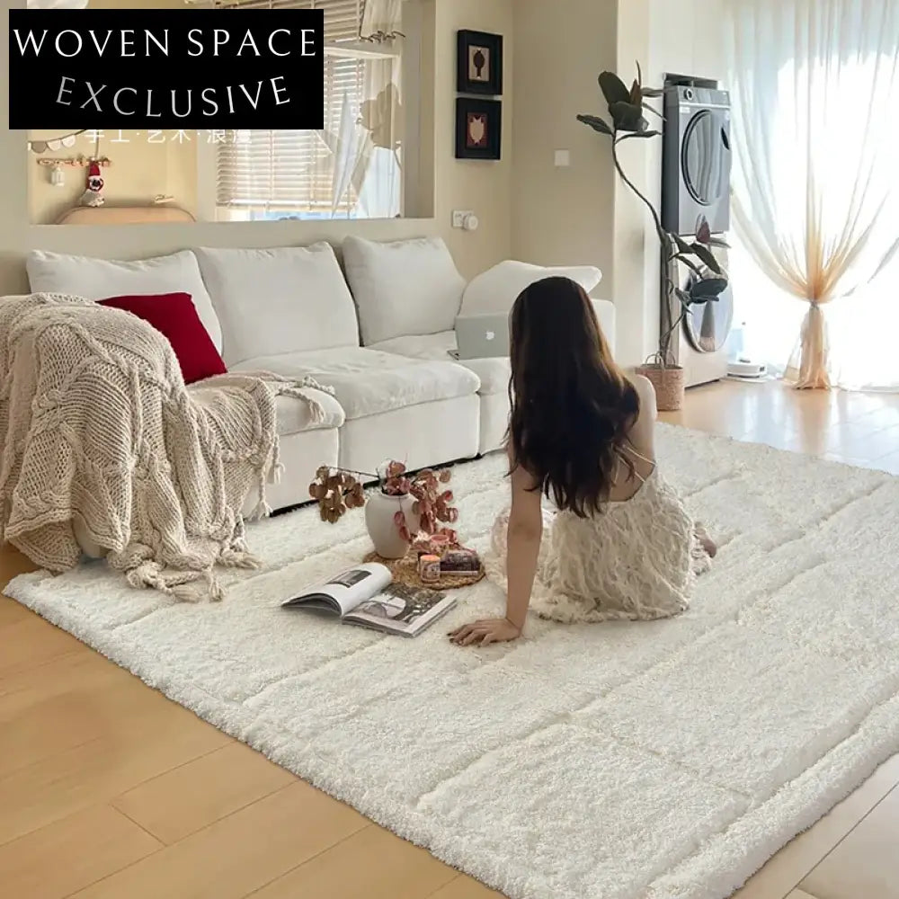 Soft Cream Minimalist Area Rug, Plush Long Hair for Living Room