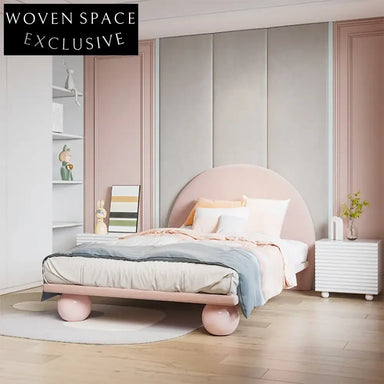 Soft Fabric Kids Bed, Modern Low Height Wood Frame, Pink