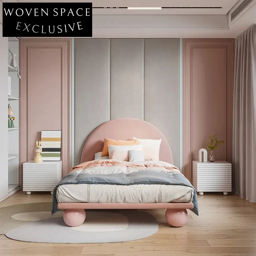 Soft Fabric Kids Bed, Modern Low Height Wood Frame, Pink