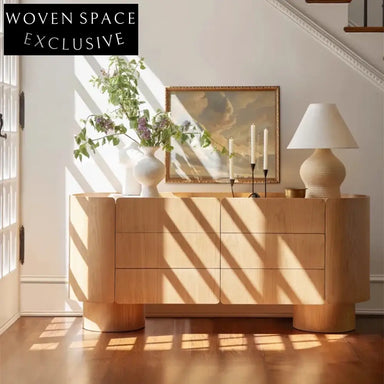 Solid Oak Wood Extendable Console Table, 6-Drawer Storage, Home Bar Side Cabinet