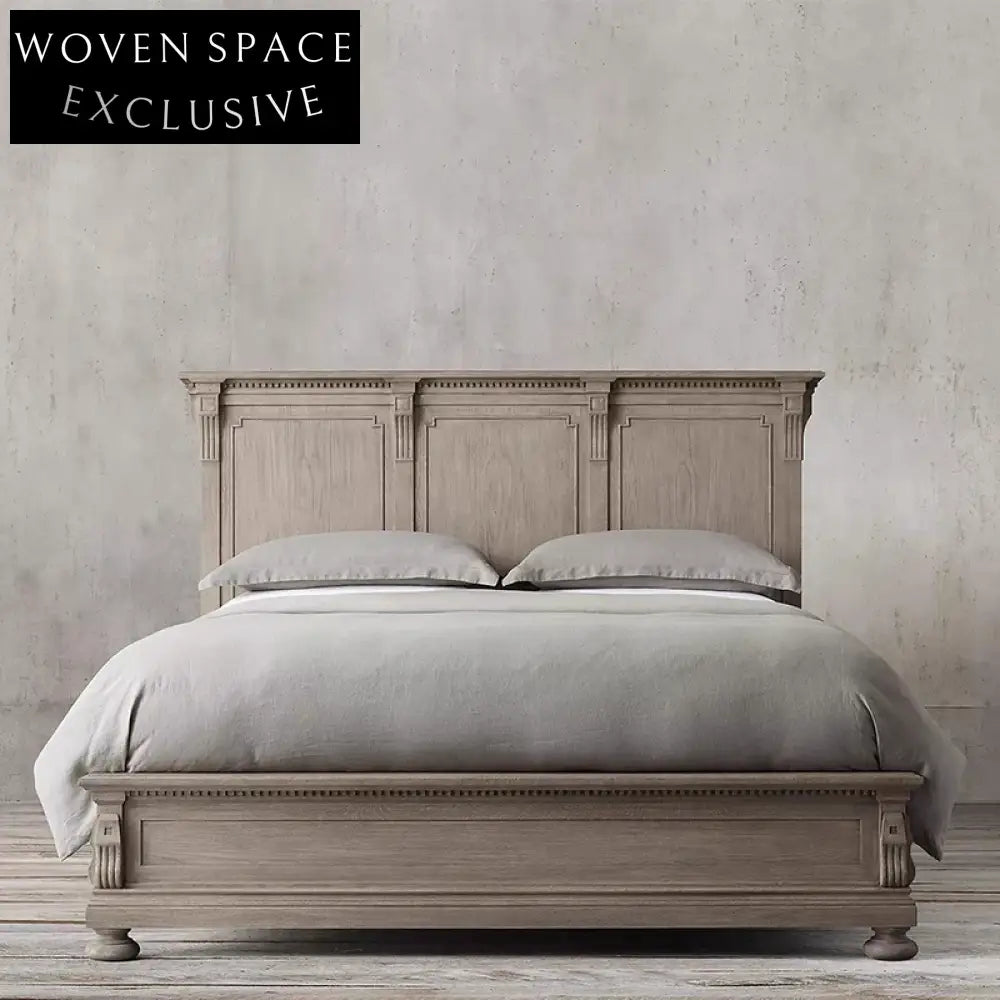 Solid Oak Wood Queen King Size American Retro Style Bed Frame