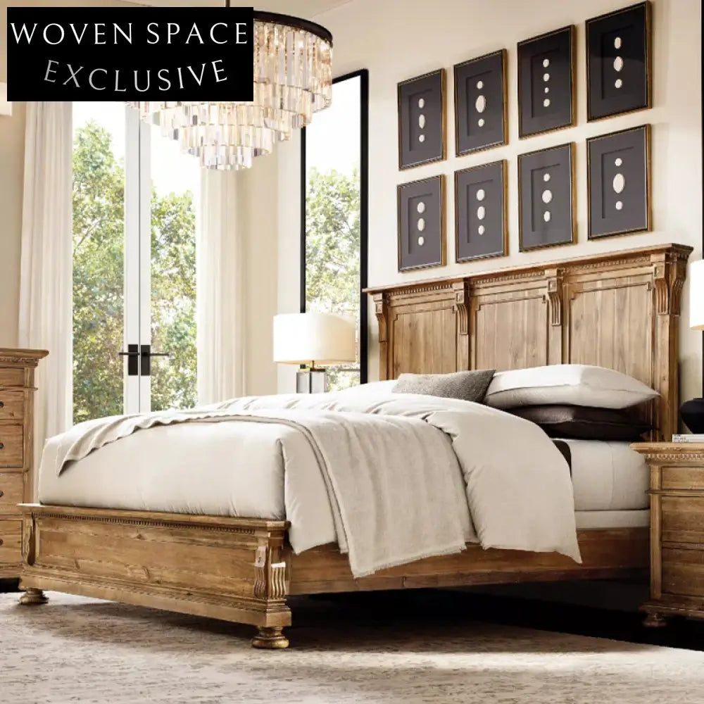 Solid Oak Wood Queen King Size American Retro Style Bed Frame