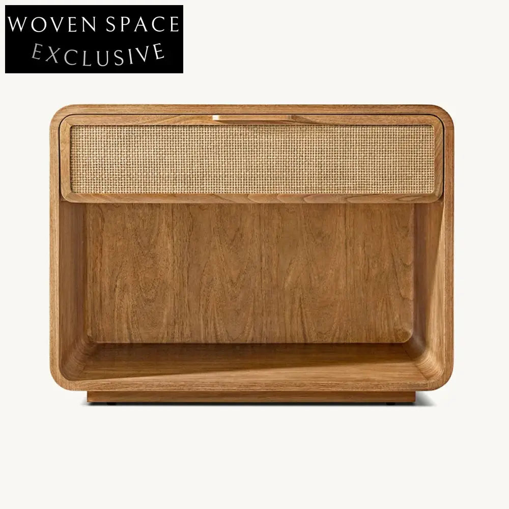 Solid Oak Wood Retro French Design Nightstand Cabinet with Rattan, Bedroom Furniture