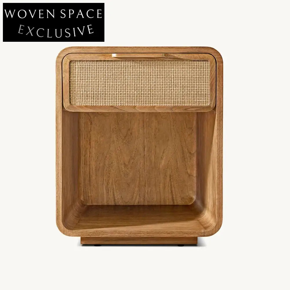 Solid Oak Wood Retro French Design Nightstand Cabinet with Rattan, Bedroom Furniture