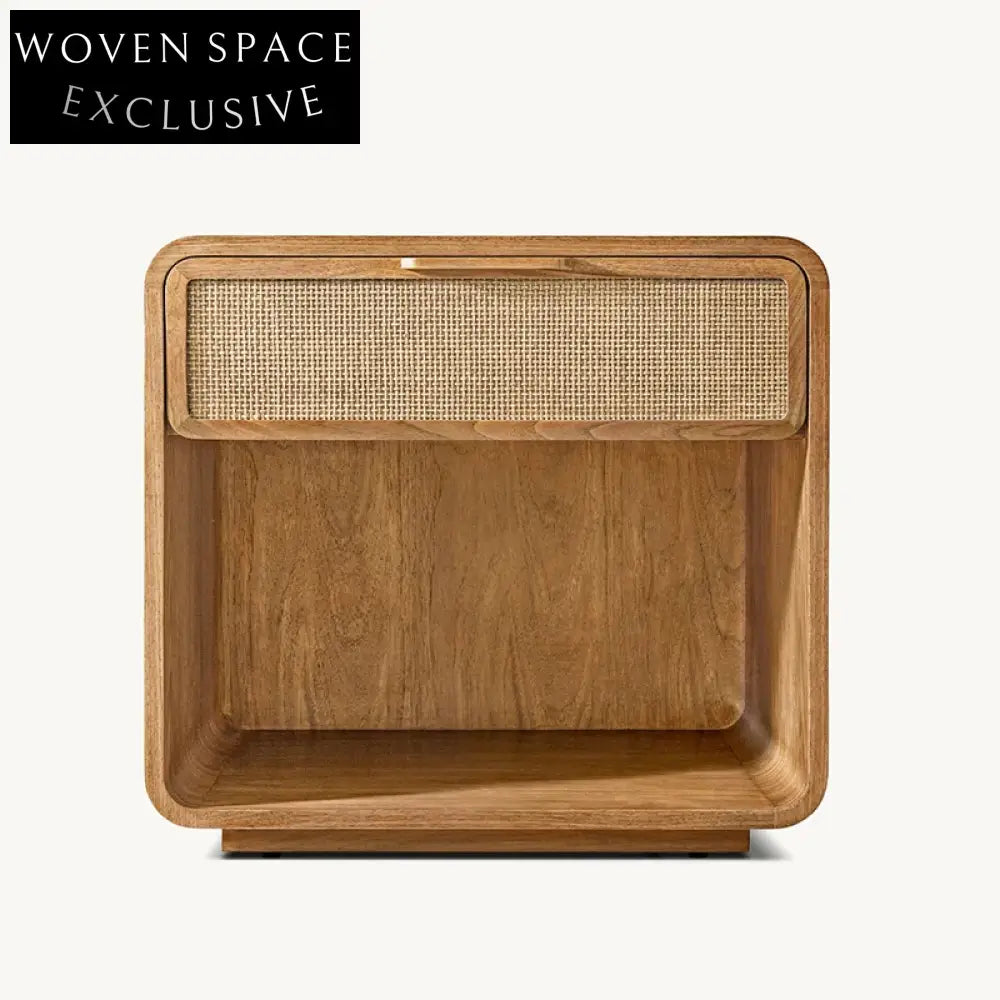 Solid Oak Wood Retro French Design Nightstand Cabinet with Rattan, Bedroom Furniture