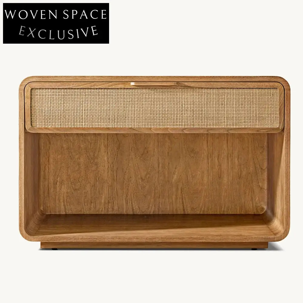 Solid Oak Wood Retro French Design Nightstand Cabinet with Rattan, Bedroom Furniture