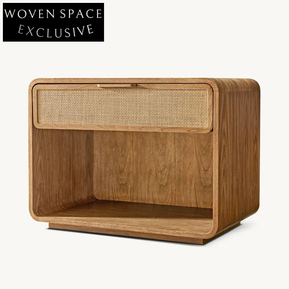 Solid Oak Wood Retro French Design Nightstand Cabinet with Rattan, Bedroom Furniture