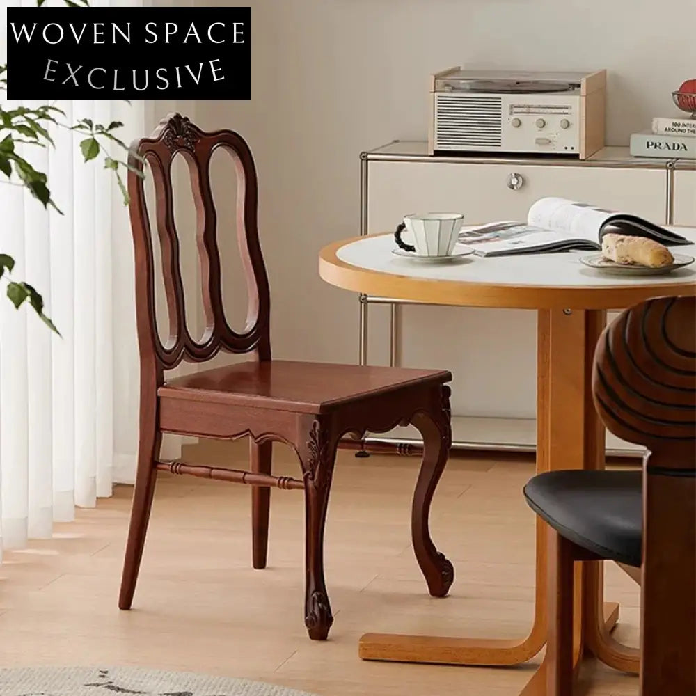 Solid Wood Dining Chair Retro Unique Backrest Design for Modern Dining Room