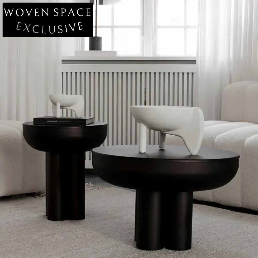 Solid Wood Round Low Coffee Table Set with Cylinder Legs, Side Table