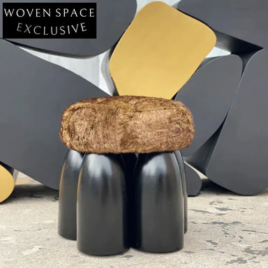 Solid Wood Tufted Round Lamb Wool Fur Small Footrest Ottoman