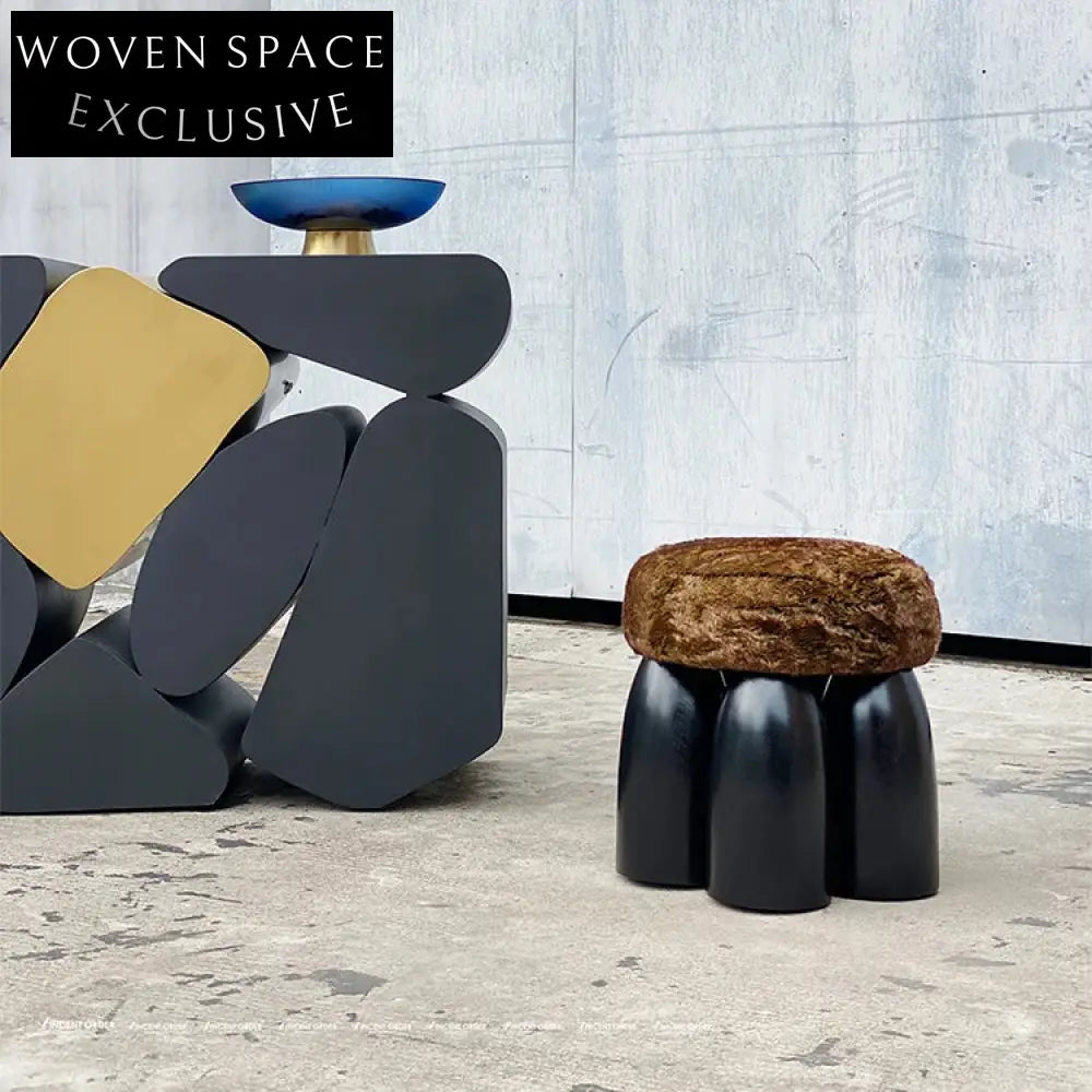 Solid Wood Tufted Round Lamb Wool Fur Small Footrest Ottoman