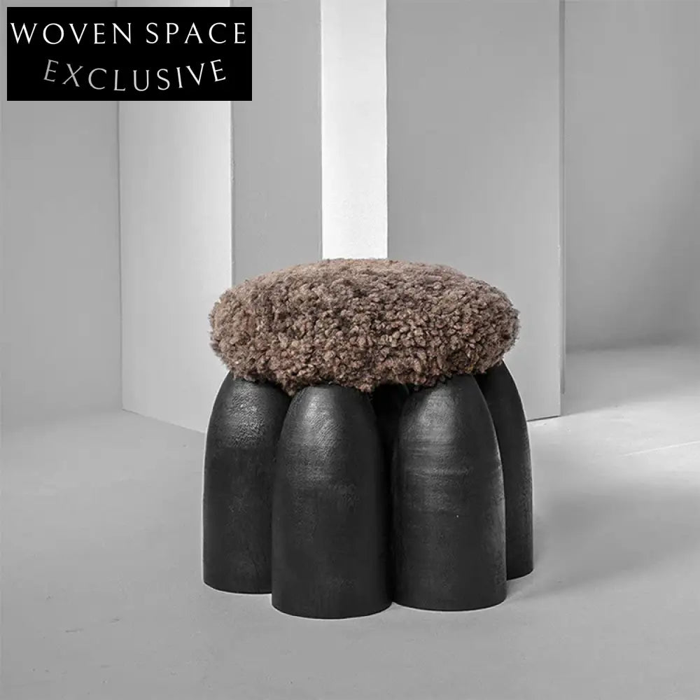 Solid Wood Tufted Round Lamb Wool Fur Small Footrest Ottoman