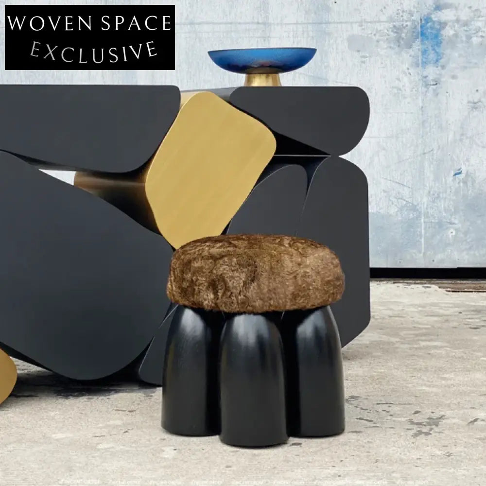 Solid Wood Tufted Round Lamb Wool Fur Small Footrest Ottoman