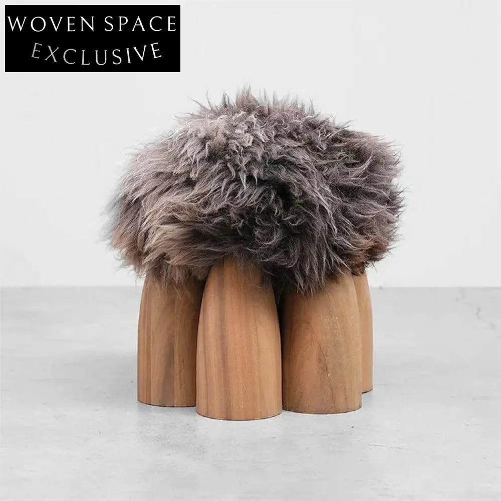 Solid Wood Tufted Round Lamb Wool Fur Small Footrest Ottoman