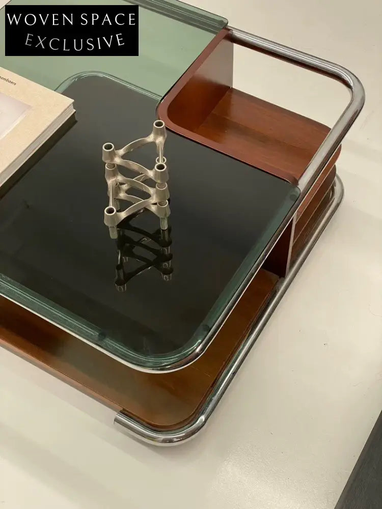 Vintage Italian 1980s Space Age Walnut Coffee Table, Smoky Green Glass Top