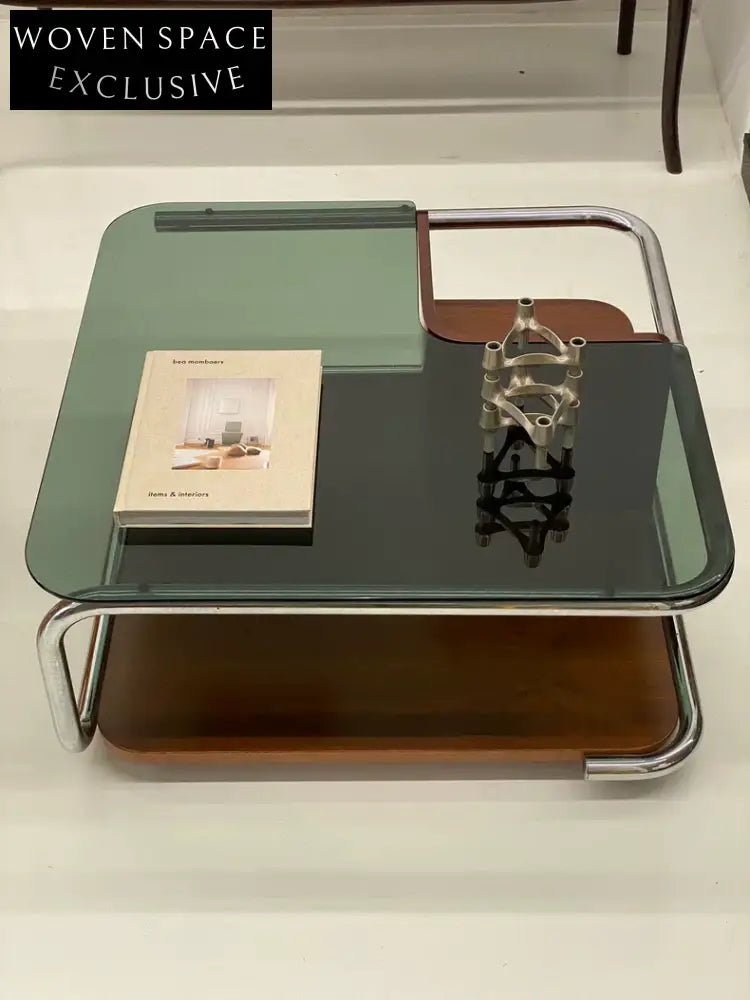 Vintage Italian 1980s Space Age Walnut Coffee Table, Smoky Green Glass Top