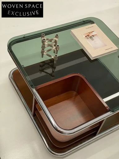 Vintage Italian 1980s Space Age Walnut Coffee Table, Smoky Green Glass Top