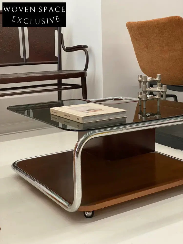 Vintage Italian 1980s Space Age Walnut Coffee Table, Smoky Green Glass Top