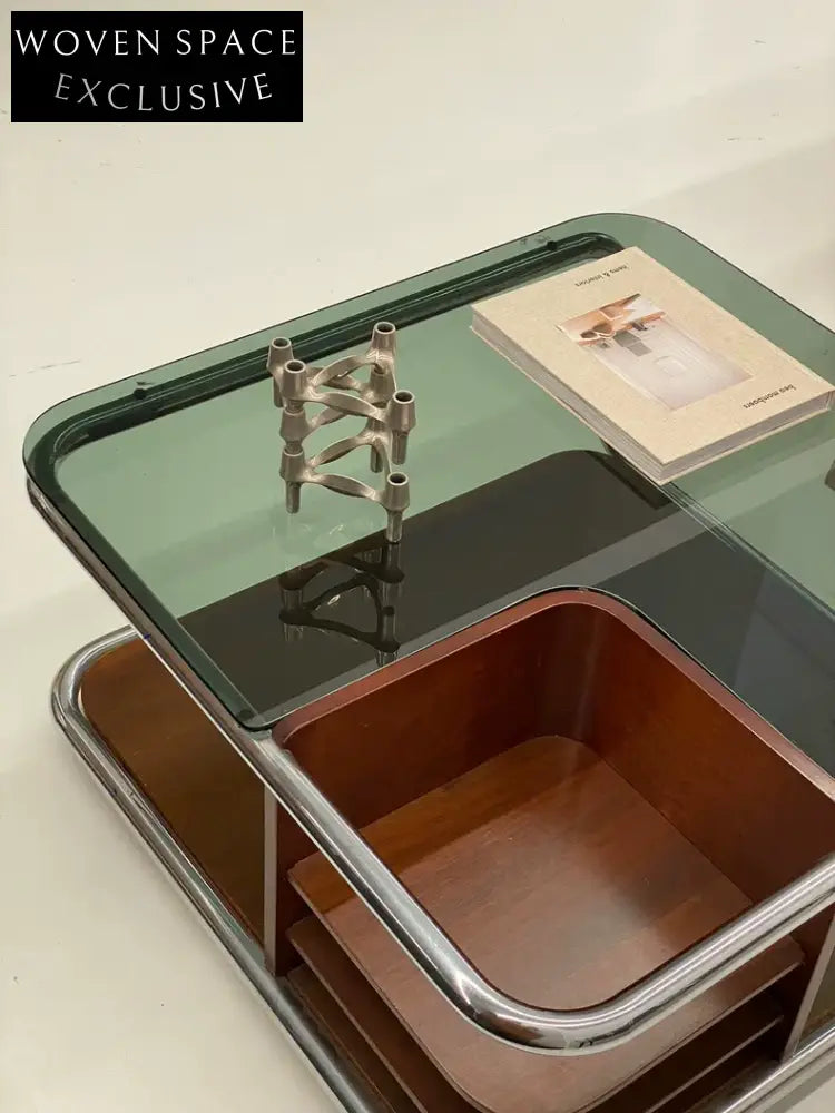 Vintage Italian 1980s Space Age Walnut Coffee Table, Smoky Green Glass Top