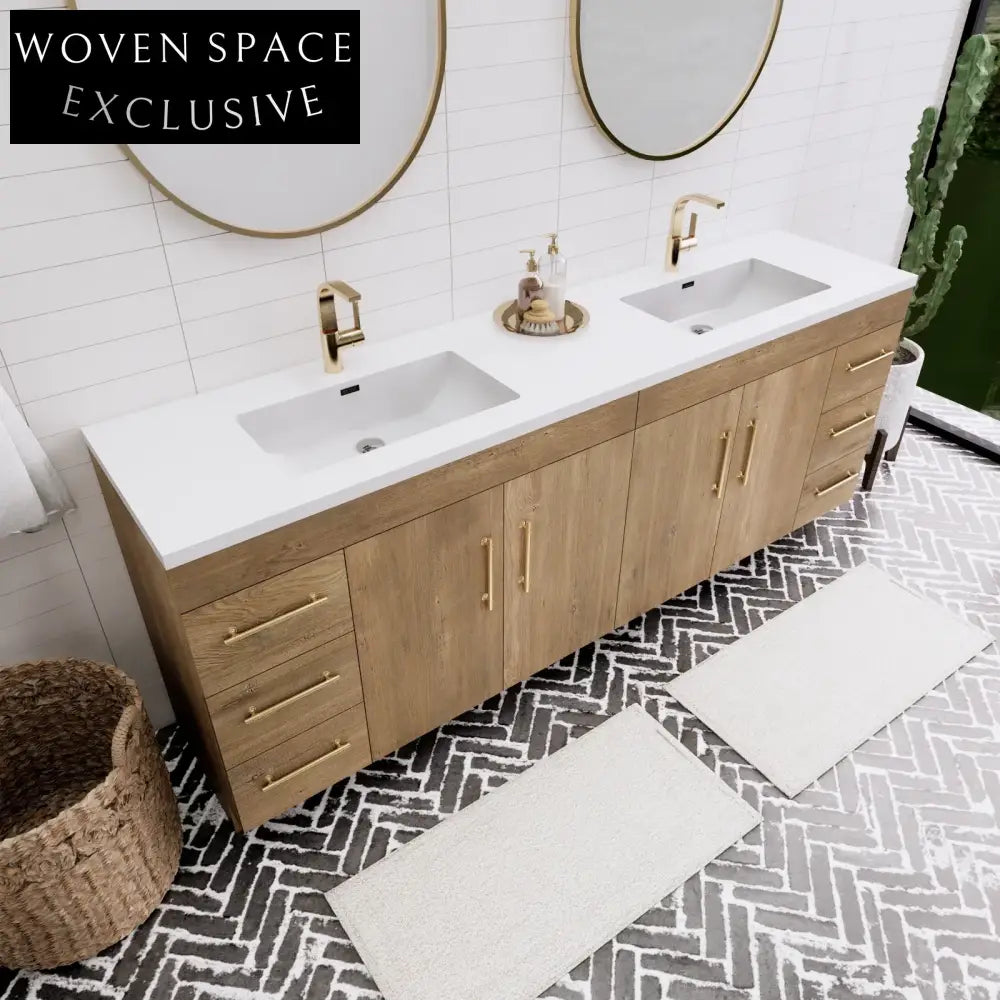 Spacious 84-inch Solid Wood Double Basin Bathroom Vanity with Integrated Mirror