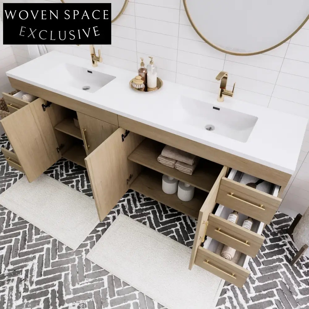 Spacious 84-inch Solid Wood Double Basin Bathroom Vanity with Integrated Mirror