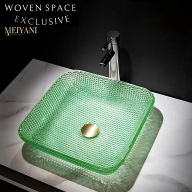 Sparkling Diamond Crystal Square Tempered Glass Bathroom Vessel Sink