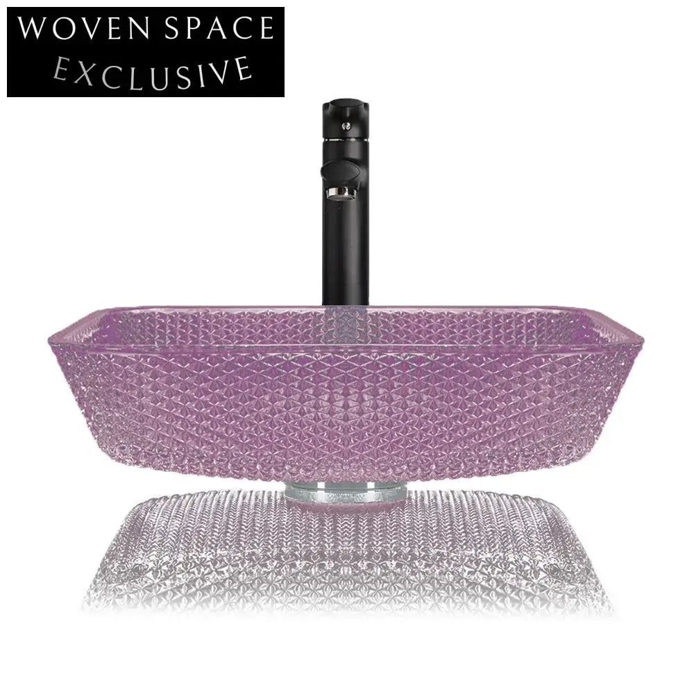 Sparkling Diamond Crystal Square Tempered Glass Bathroom Vessel Sink