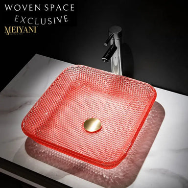 Sparkling Diamond Crystal Square Tempered Glass Bathroom Vessel Sink