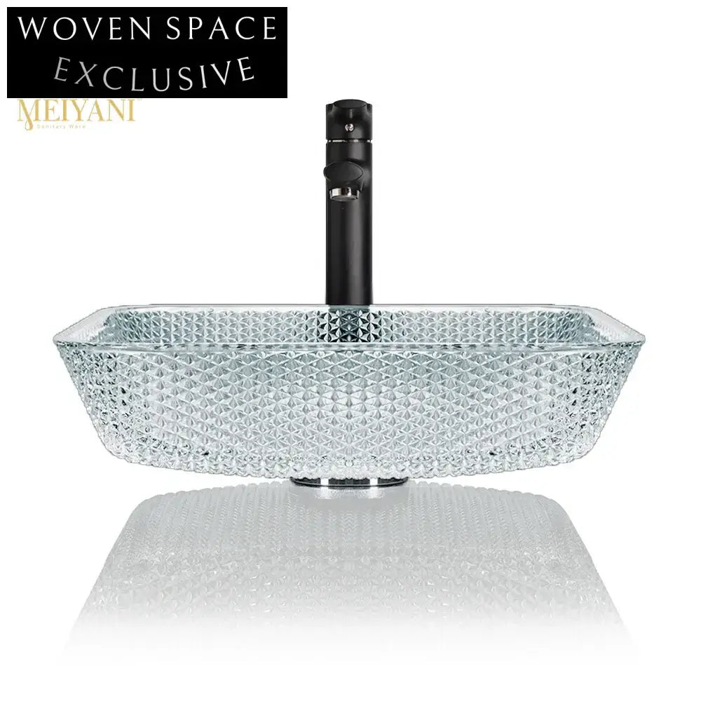 Sparkling Diamond Crystal Square Tempered Glass Bathroom Vessel Sink