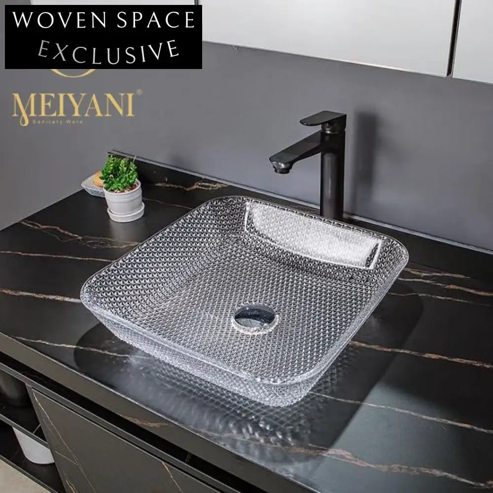 Sparkling Diamond Crystal Square Tempered Glass Bathroom Vessel Sink