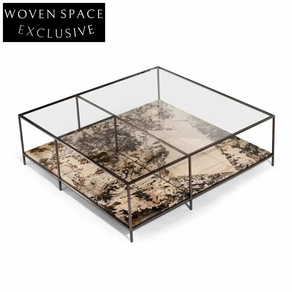 Square Italian Luxury Glass Coffee Table with Marble and Metal Base