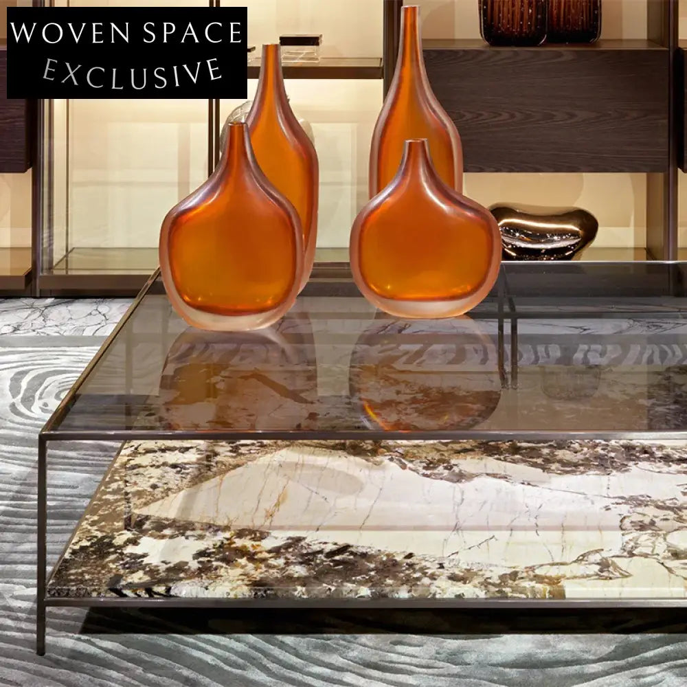 Square Italian Luxury Glass Coffee Table with Marble and Metal Base