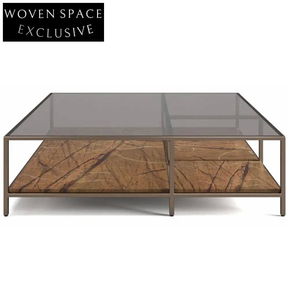 Square Italian Luxury Glass Coffee Table with Marble and Metal Base