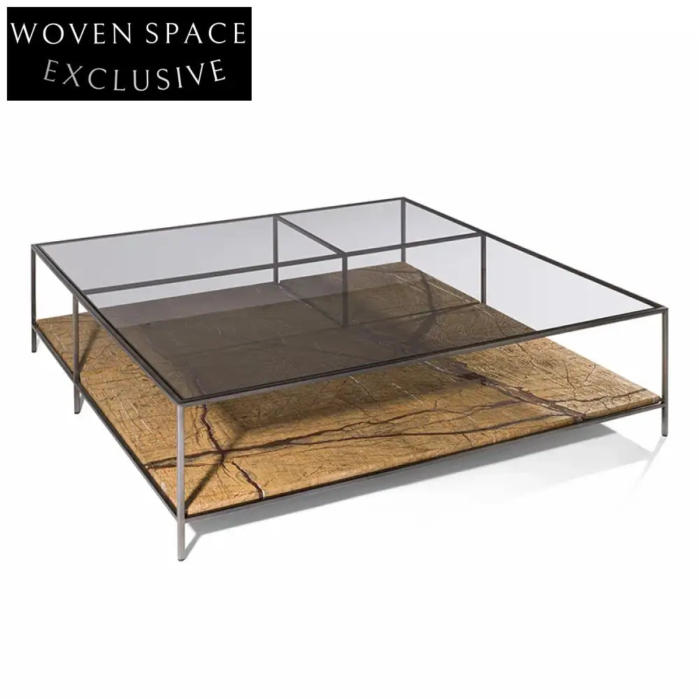 Square Italian Luxury Glass Coffee Table with Marble and Metal Base