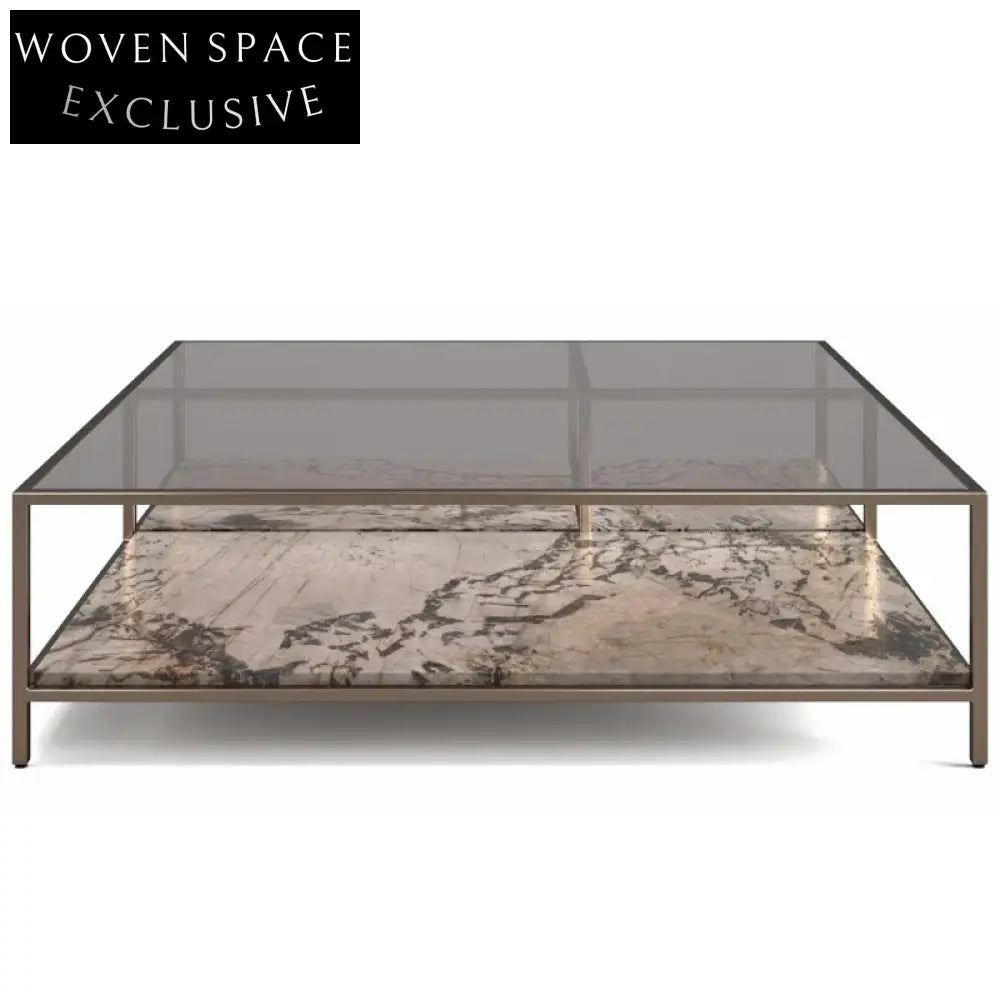 Square Italian Luxury Glass Coffee Table with Marble and Metal Base