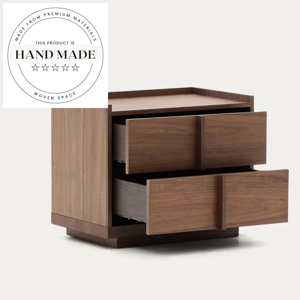 Square Retro Dark Walnut Wood Two Drawer Bedside Nightstand