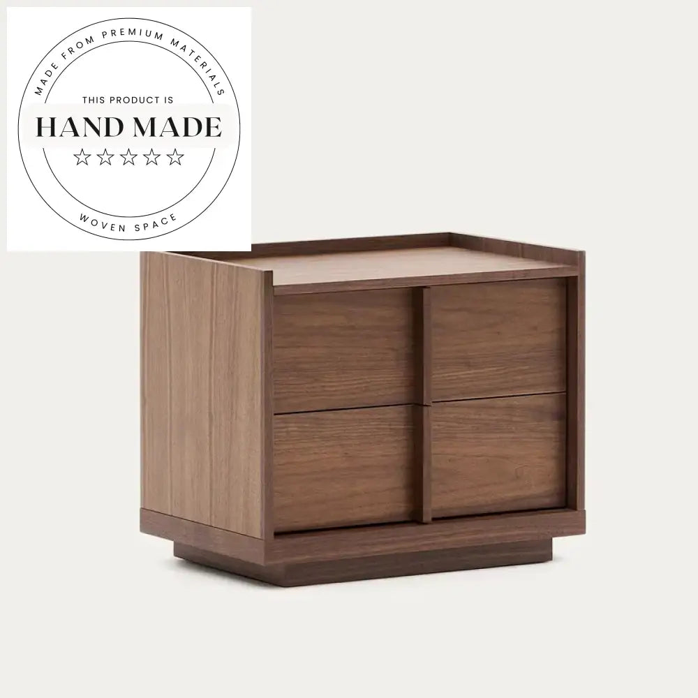 Square Retro Dark Walnut Wood Two Drawer Bedside Nightstand