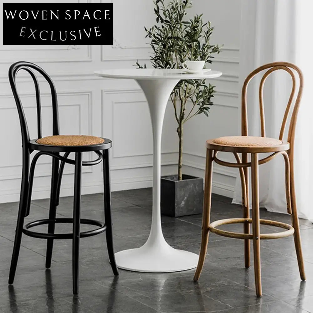 Stylish American Solid Wood Commercial Bar Stools with Rattan Back