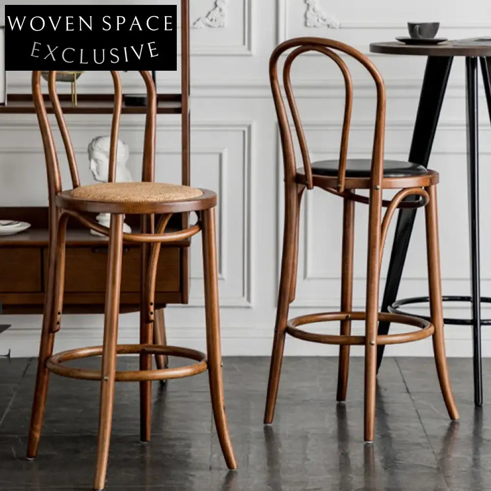 Stylish American Solid Wood Commercial Bar Stools with Rattan Back