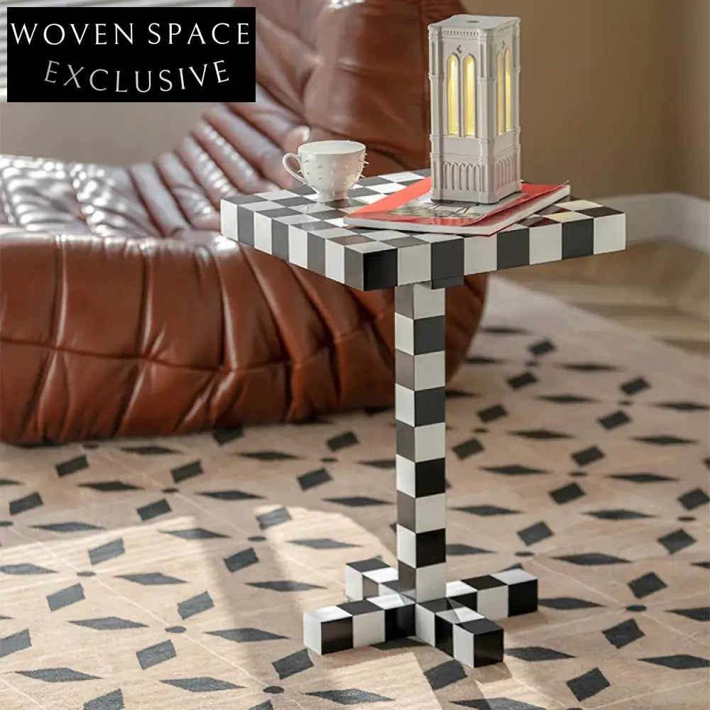 Stylish Black White Checkerboard Square MDF Side Table for Living Room