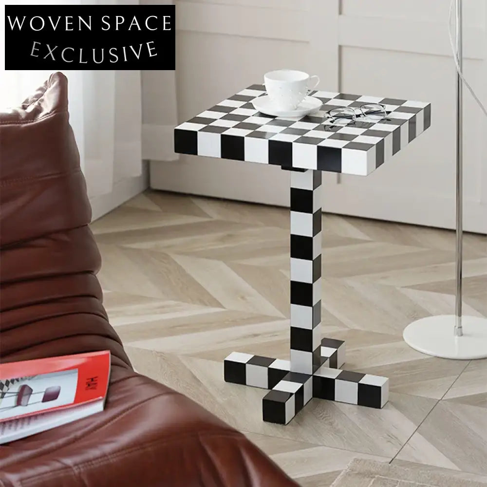 Stylish Black White Checkerboard Square MDF Side Table for Living Room