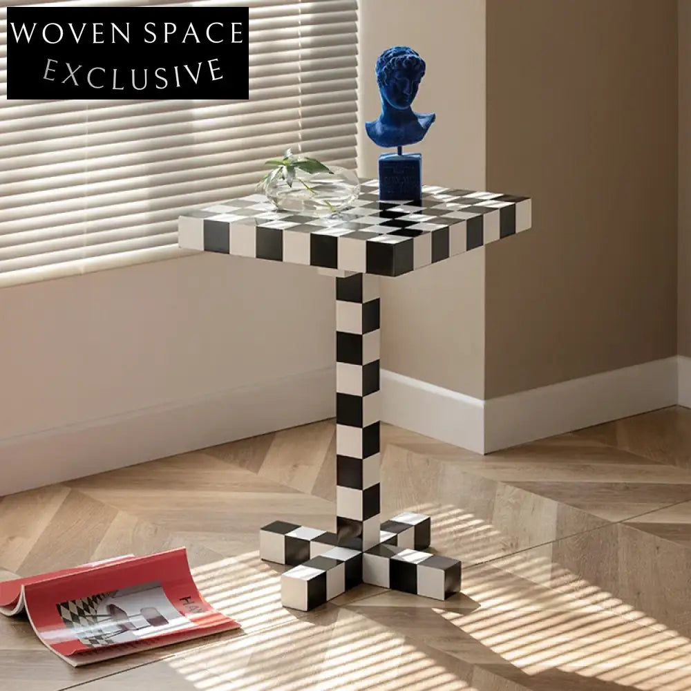 Stylish Black White Checkerboard Square MDF Side Table for Living Room