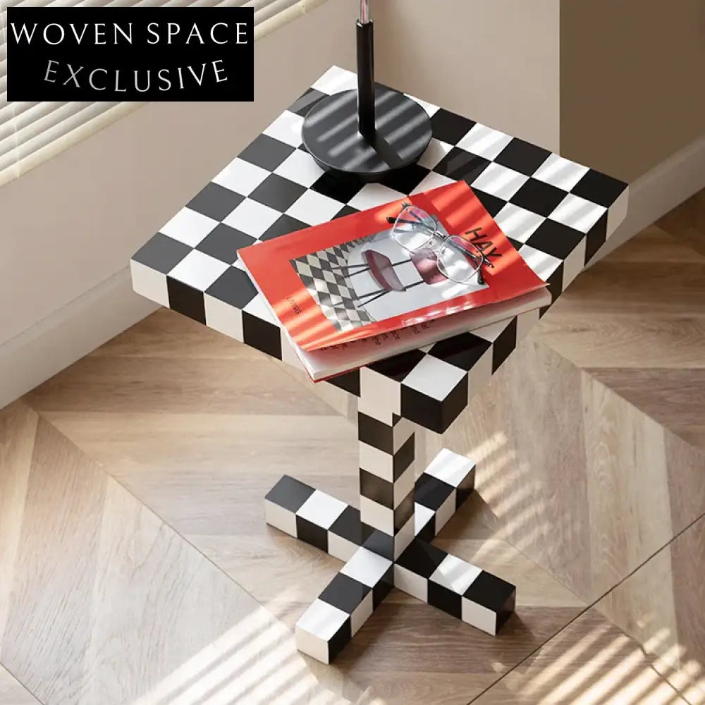 Stylish Black White Checkerboard Square MDF Side Table for Living Room