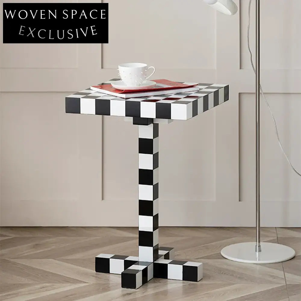 Stylish Black White Checkerboard Square MDF Side Table for Living Room